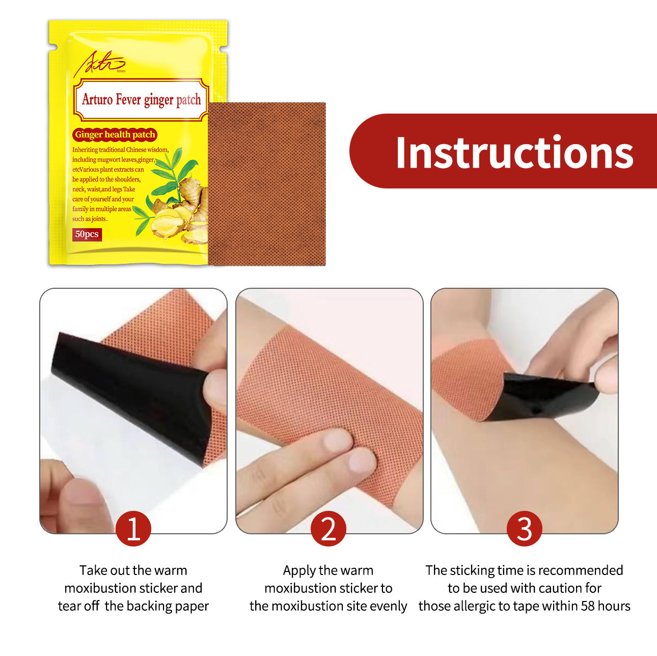 Arturo 50Pcs Herbal Ginger Patch Suitable for adults over 18 years old Promote Blood Circulation and Knee Neck Back Pain Relief Improve Sleep