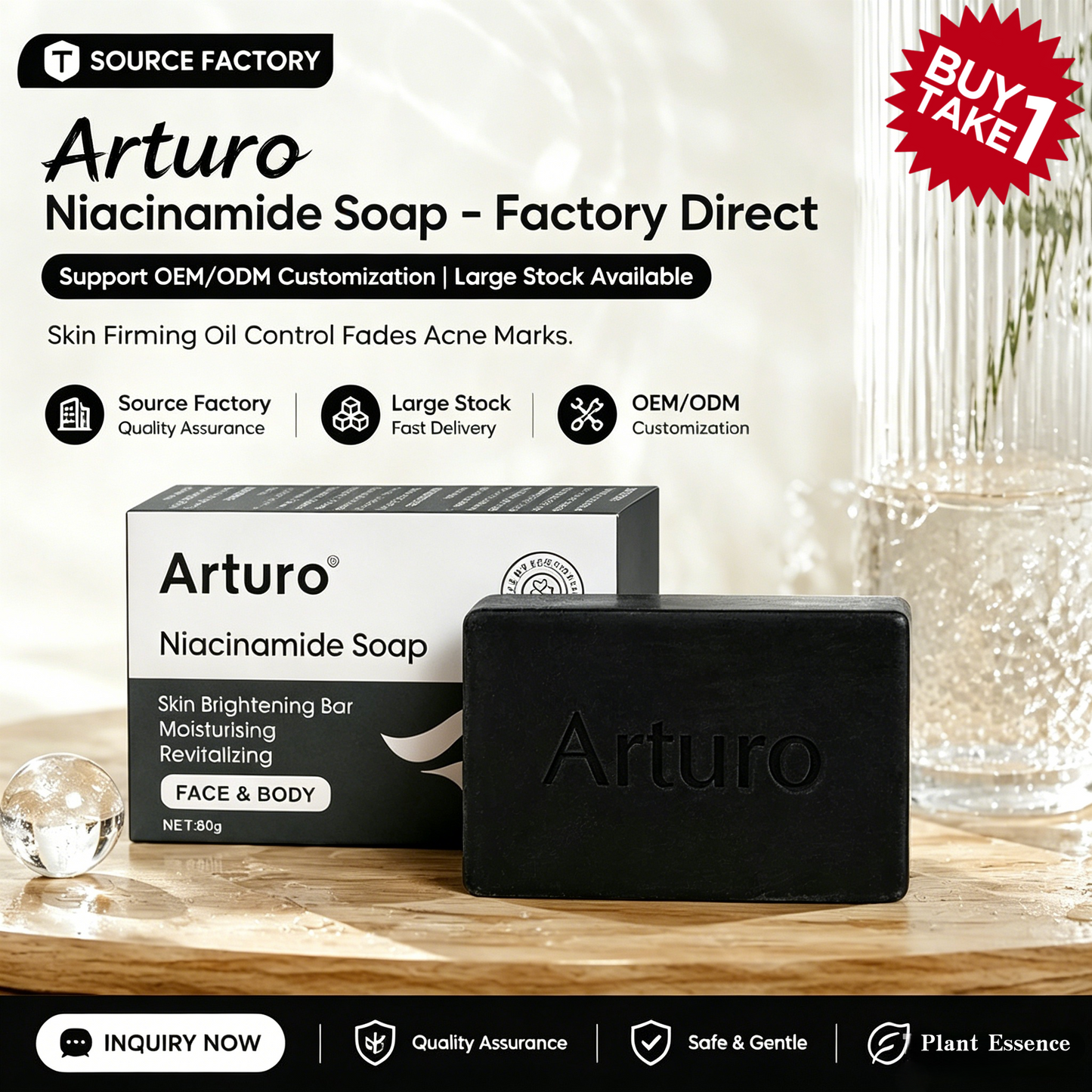 【BUY 1 TAKE 1】Arturo Niacinamide Charcoal Soap 80g - Deep Cleanse & Brightening Face & Body Cleanser, Oil Control
