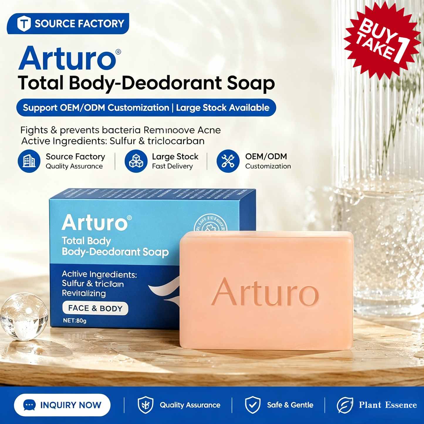 【BUY 1 TAKE 1】Arturo Total Body-Deodorant Soap 80g - Antibacterial Acne Control Bar, Sulfur & Triclocarban Cleanse
